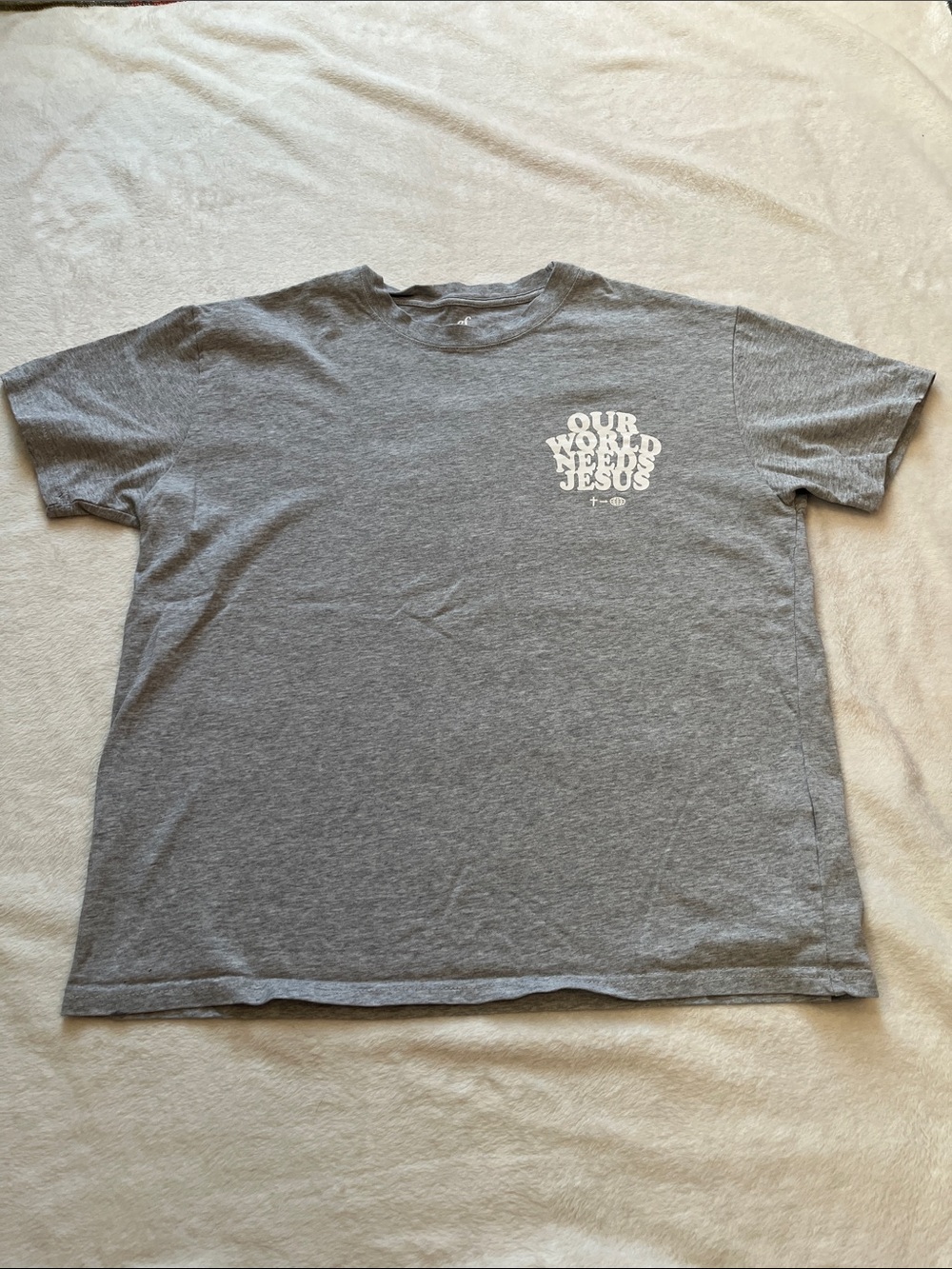 Grey Graphic Crewneck T‑Shirt with 'Our World Needs Jesus'